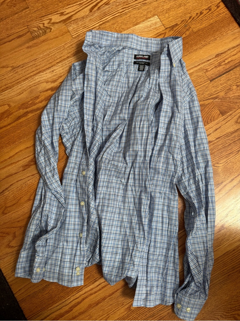 Kirkland Signature Light Blue & Navy Check Cotton Button-Down Shirt